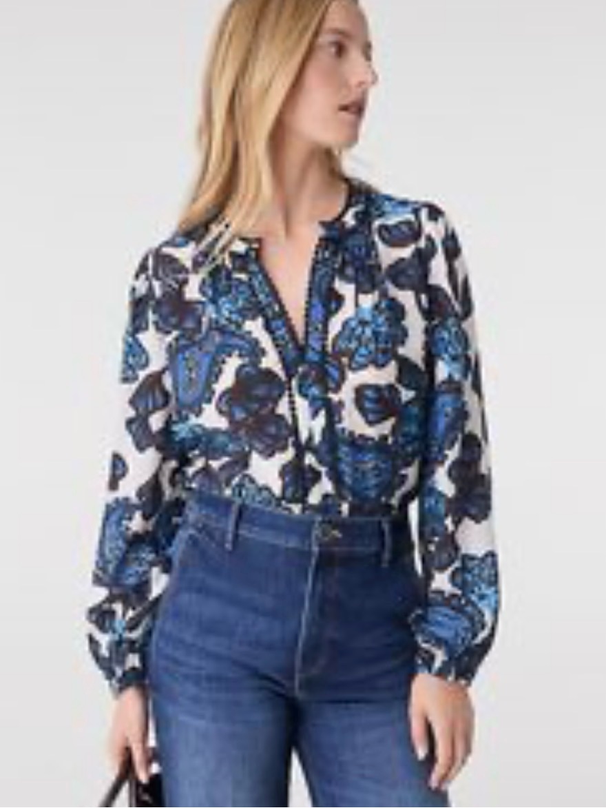 Ann Taylor Blue Floral Print Button-Front Blouse